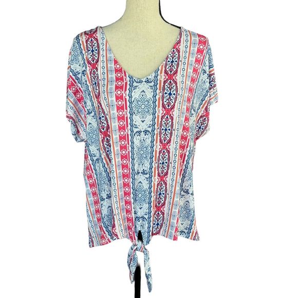 JM Collection Large Top Geometric Dolman Sleeves V-Neck Hi-Low Hem Stretch Multi - Picture 1 of 9